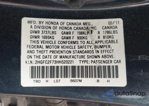 2017 Honda Civic Ex z USA, uszkodzony, nr VIN 2HGFC2F73HH520221